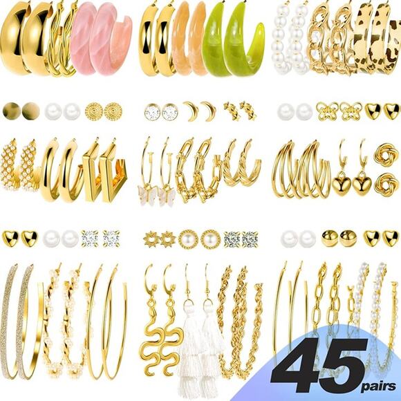 45 Pairs Gold Hoop Earrings for Women, Chunky Twisted Small Big Hoops Earring - Picture 3 of 6